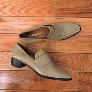 Taupe patent leather loafers with 1.5” block heel